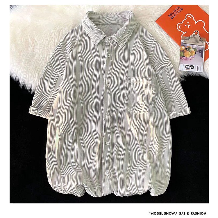 Áo Sơ Mi Tay Lửng Dáng Rộng Thoáng Khí Phong Cách Hàn Quốc Thời Trang Mùa Hè Cho Nam