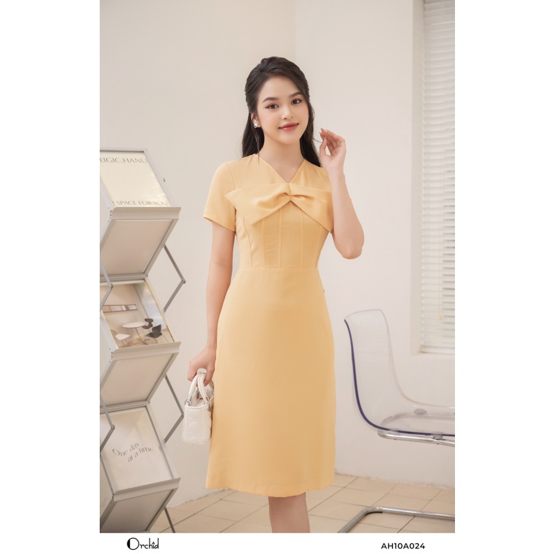 Đầm nữ công sở vàng thiết kế phối cổ nơ chiết eo Orchid - AH10A024