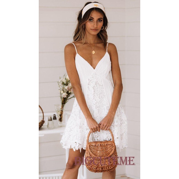 [] - Đầm Hai Dây Cổ Chữ V Màu Trắng Trơn Mini Thời Trang Mùa Hè Cho Nữ