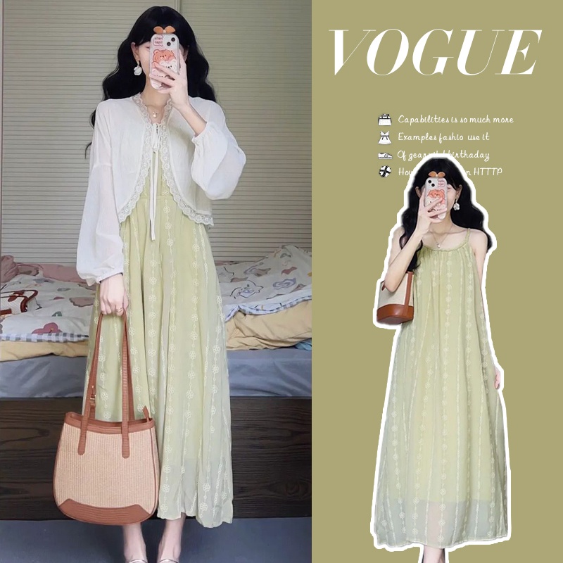 Set Đầm Bầu Phối Áo Khoác Cardigan Ren Chống Nắng + Áo Hai Dây Vải Voan Thời Trang Mùa Hè Phong Cách Hàn Quốc