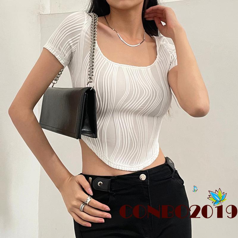 Áo Thun Crop Top Tay Ngắn Cổ Chữ U Họa Tiết Kẻ Sọc Phong Cách Đường Phố Thời Trang Mùa Hè Cho Nữ