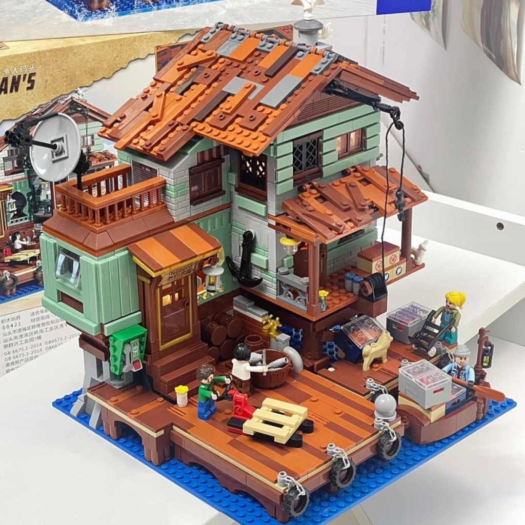 Zhegao Đồ Chơi Lắp Ráp Mô Hình Câu Cá Làng Hut Ngư Dân Wharf Harbor Nhà Hàng Cao Cấp