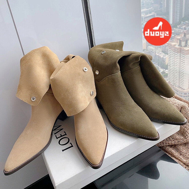 Duoya Factory Thẳng ~ [Cửa Hàng Có Sẵn] Giày Bốt Denim Ba Lỗ Mũi Nhọn Đế Dày Gấp Gọn Đinh Tán Phương Tây Cổ Điển