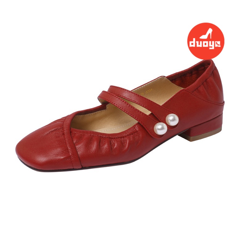 Tóc Thẳng Của Nhà Máy Duoya ~ [Hàng Có Sẵn] RuoDan Mềm ~!Giày Búp Bê Da Mềm Gót Dày Mũi Vuông Xếp Ly Đính Ngọc Trai Thời Trang Cho Nữ