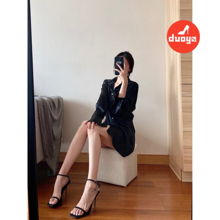 Duoya Tóc Thẳng ~ [Hàng Có Sẵn] Giày Sandal Cao Gót Hở Ngón Quai Chéo Đính Đá Chữ Cái Quyến Rũ Cho Nữ Miễn Phí Vận Chuyển