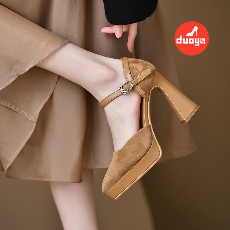 Duoya Giày Cao Gót Da Mềm Đế Dày Mũi Nhọn Miệng Nông Không Thấm Nước Có Dây Buộc Cho Nữ Miễn Phí Vận Chuyển