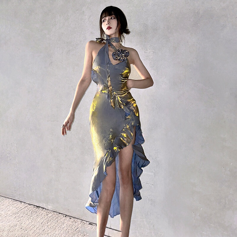 Kliou 2023 Mới Y2K Đầm Midi Dáng Chữ A Xếp Ly Viền Hoa Thanh Lịch Nóng Bỏng