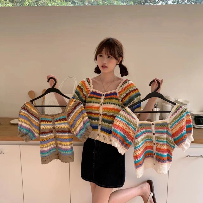 Áo Croptop Tay Ngắn Họa Tiết Kẻ Sọc Thời Trang Mùa Hè Cho Nữ