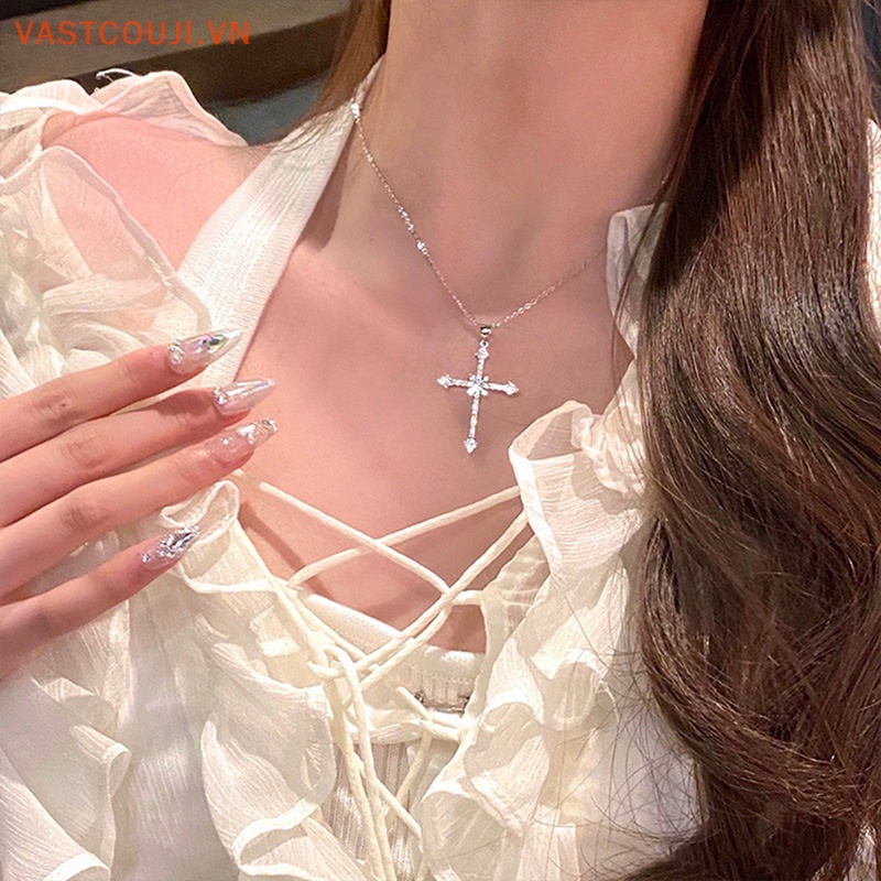 Vòng Cổ Choker Mặt Chữ Thập Đính Đá Zircon Màu Bạc Thời Trang Cho Nữ