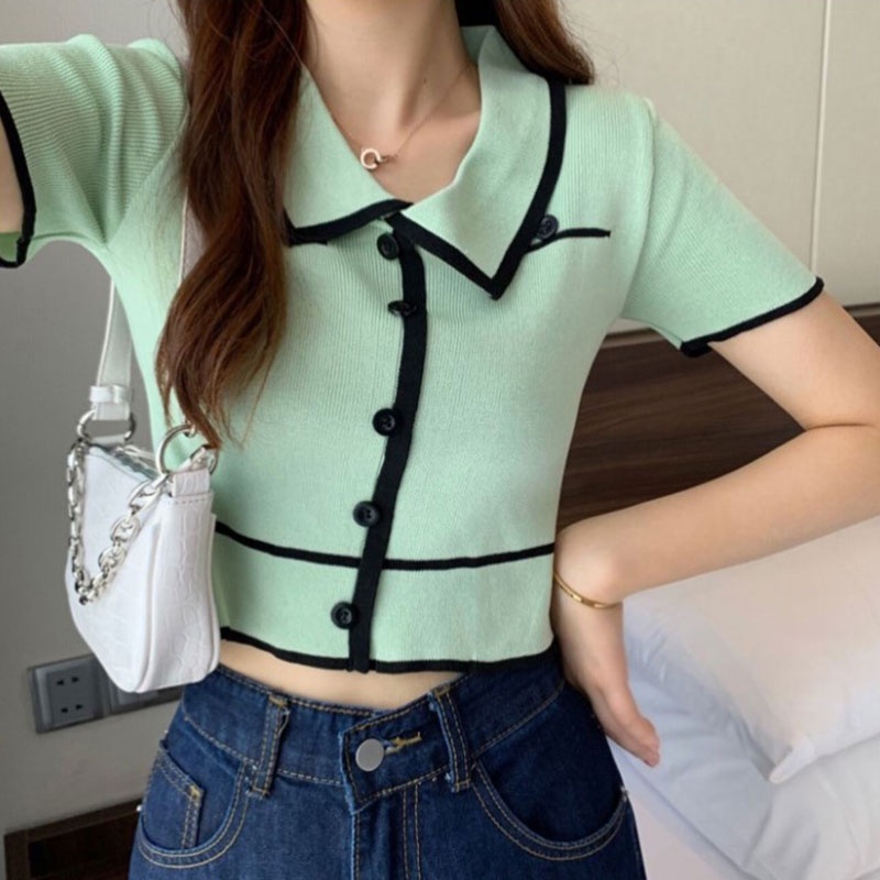 ESEA  Áo polo Dệt Kim Tay Ngắn Dáng Rộng Màu Trắng Thời Trang Mùa Hè Hàng Mới Dành Cho Bạn Nữ