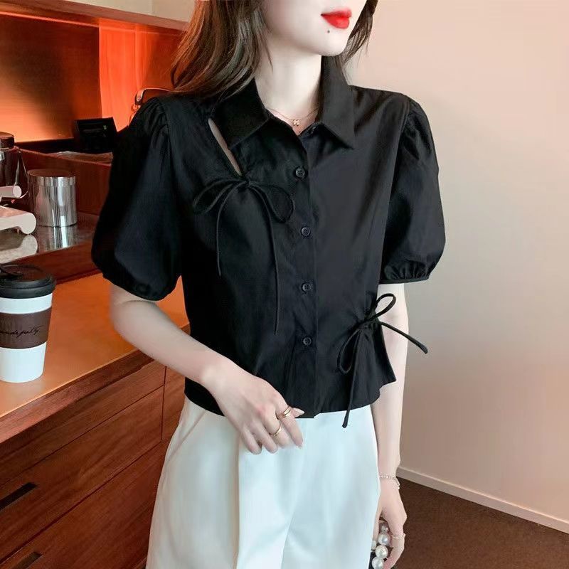 Áo Sơ Mi Tay Ngắn Phồng Ngắn Phối Dây Rút Thời Trang Mùa Hè Hàn Quốc Mới Cho Nữ