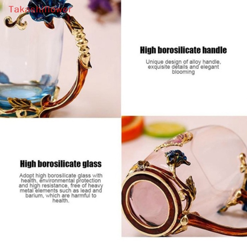 Cốc Uống Trà Cà Phê Bằng Kính Tráng Men Họa Tiết Hoa Hồng Và Bướm 3D Độc Đáo