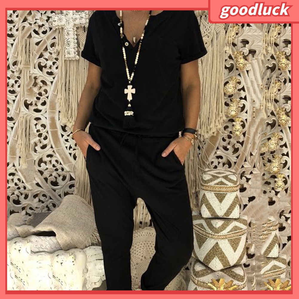 Áo liền quần Tay Ngắn Cổ Chữ V Màu Sắc Thanh Lịch