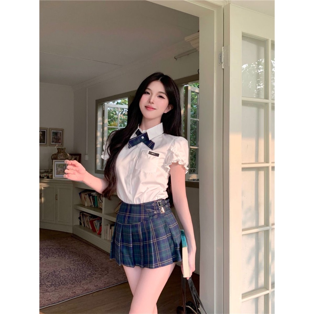 Bộ Áo Sơ Mi Ngắn Tay + Chân Váy Xếp Ly Lưng Cao Thời Trang Cho Nữ