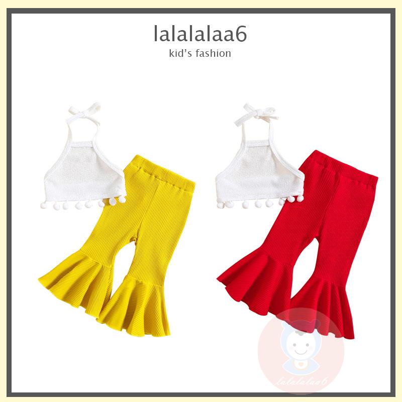Set Áo Cổ Yếm Buộc Dây Phối Tua Rua + Quần Dài Ống Loe Thời Trang Cho Bé Gái LAA6