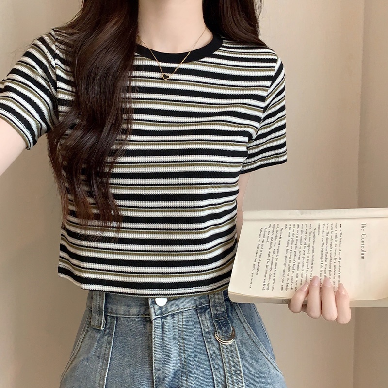 SUXI Áo Thun Ngắn Tay Cổ Tròn Họa Tiết Kẻ Sọc Phong Cách Vintage