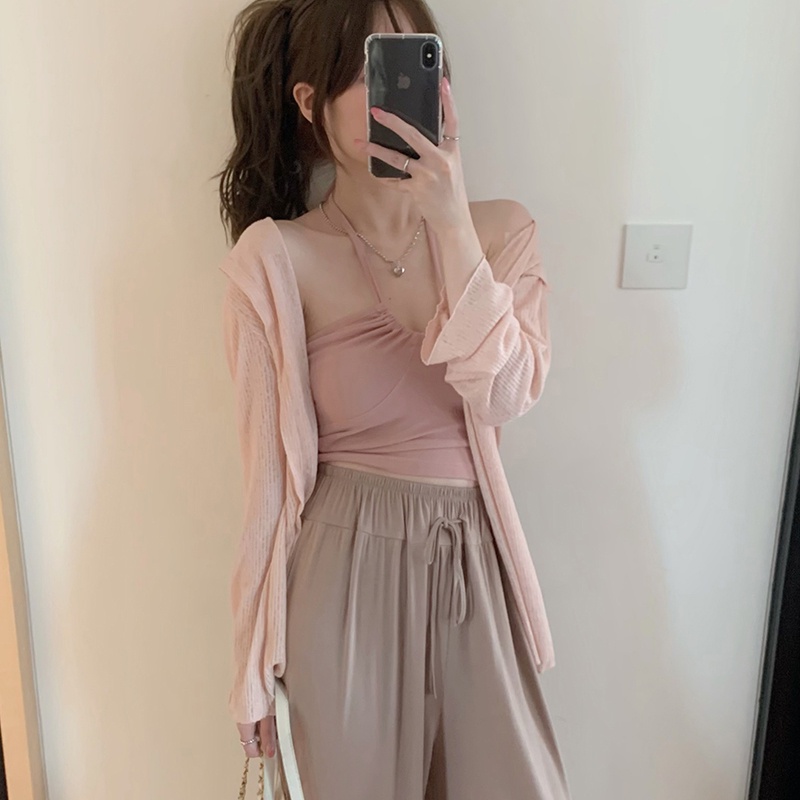 Neeeh Áo Hai Dây Ngắn Hở Lưng Màu Hồng Tinh Khiết Quyến Rũ Phong Cách Hong Kong Cho Nữ