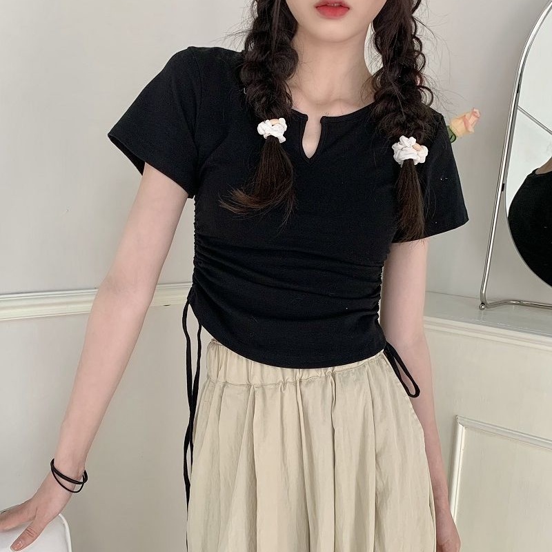 COZOK Áo Thun Ngắn Tay Cổ Chữ V Rút Dây Thời Trang Nữ