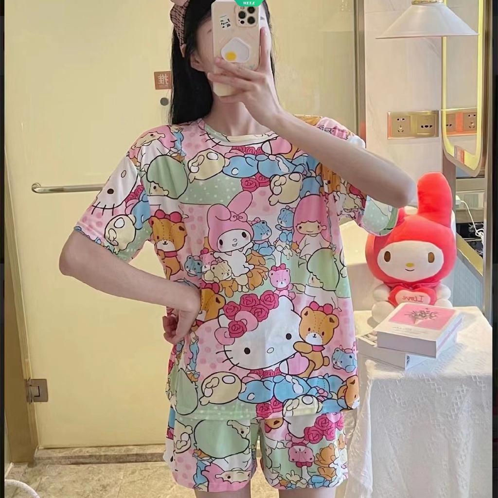 Bộ Đồ Ngủ Tay Ngắn In Hoạt Hình Sanrio Hello Kitty Cinnamoroll Melody Kiểu Hàn Quốc Thời Trang Mùa Hè 2023