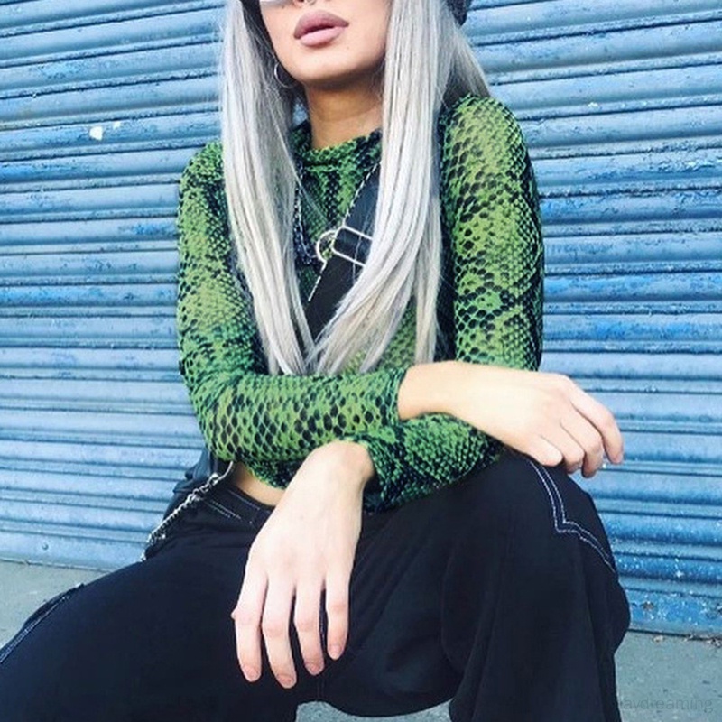 Áo Croptop Tay Dài Dáng Ôm Cổ Cao In Họa Tiết Da Rắn Phong Cách Mỹ Cổ Điển Thời Trang Quyến Rũ Cho Nữ