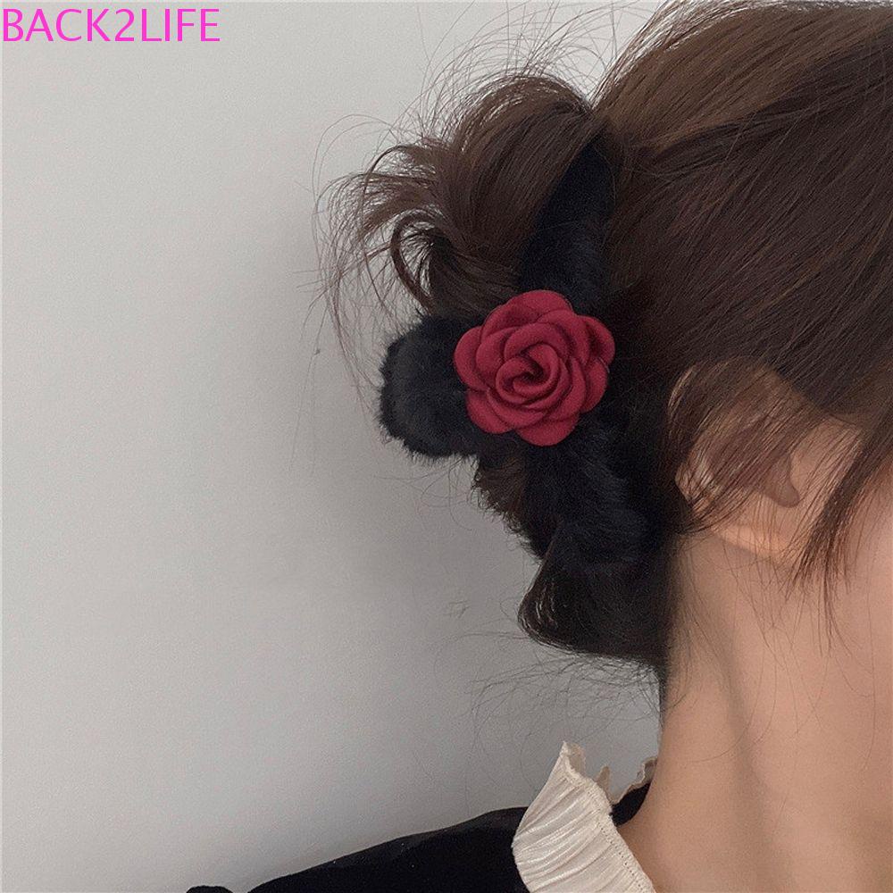 Kẹp Tóc Hình Cá Mập / Hoa Hồng Phủ Lông Màu Trơn Thiết Kế Đơn Giản Ngọt Ngào Thời Trang Back2