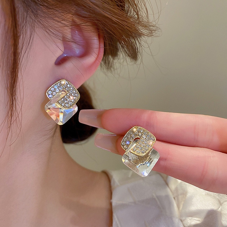 Bông Tai Mạ Bạc 925 Hình Học Đính Kim Sa Lấp Lánh Phong Cách Hàn Quốc Dễ Phối Đồ