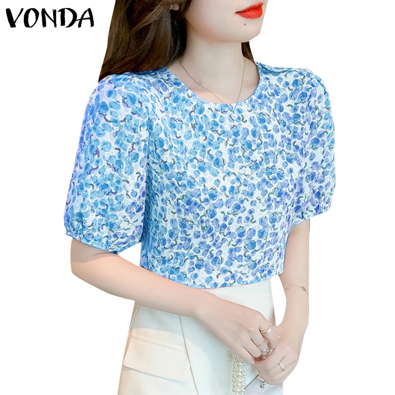 Áo hoa VONDA tay phồng cổ tròn dáng chữ H thời trang Hàn Quốc cho nữ