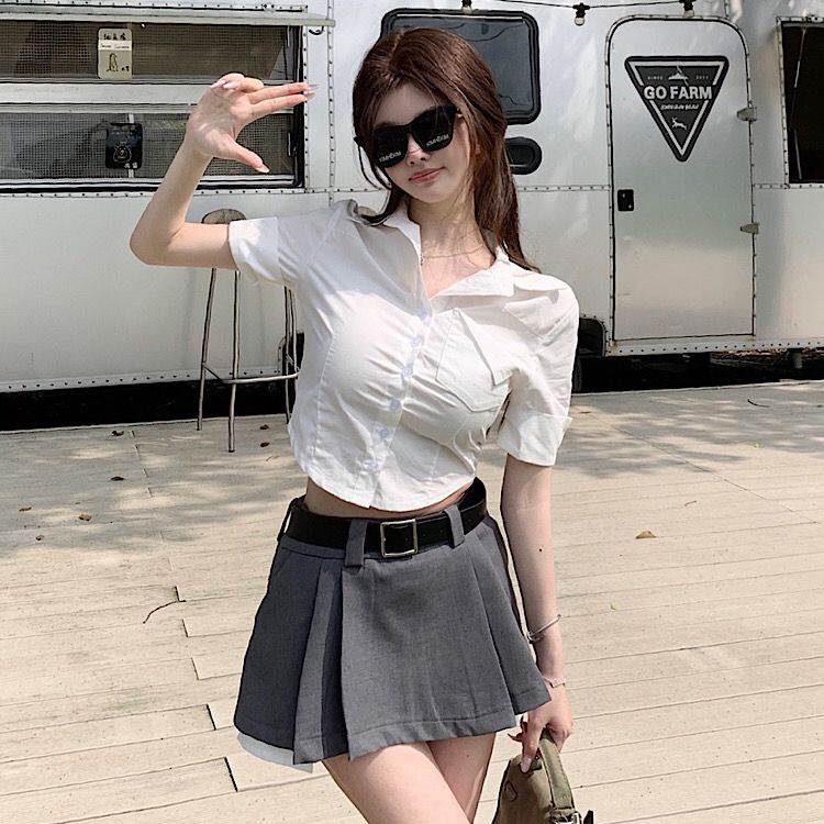Cozok Áo Sơ Mi Ngắn Tay Dáng Ôm Chiết Eo Thời Trang Dành Cho Nữ