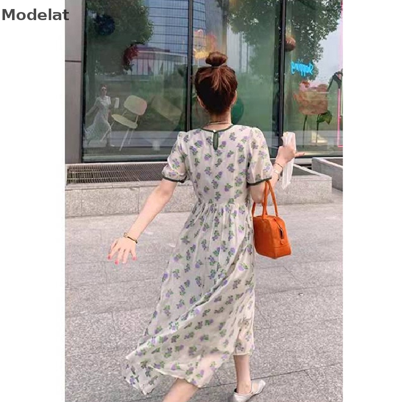 Mfc Đầm Dài Dáng Chữ A Tay Ngắn In Họa Tiết Hoa Thanh Lịch Thời Trang Mùa Hè Phong Cách Hàn Quốc Cho Nữ