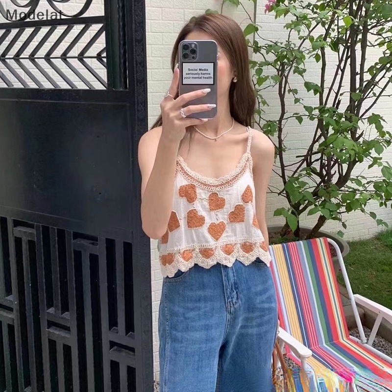 Áo Hai Dây Mùa Hè Thêu Hình Trái Tim Cổ Điển Cho Nữ