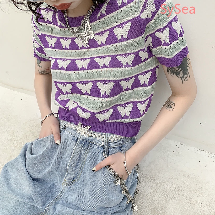 Áo Dệt Kim Họa Tiết Bướm Xinh Xắn Thời Trang Hàn Quốc Cho Nữ