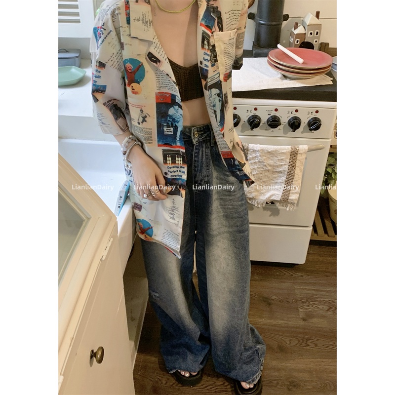 Áo Sơ Mi Nữ Ngắn Tay In Họa Tiết vintage Thời Trang