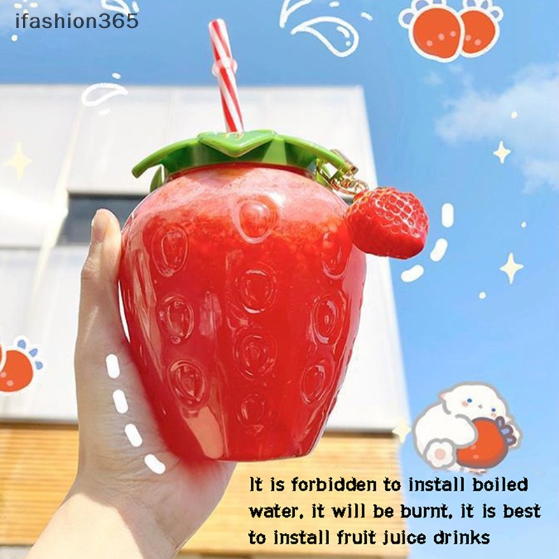 Bình Uống Nước 500ml Kèm Ống Hút Hình Trái Dâu Dễ Thương Dùng Trang Trí