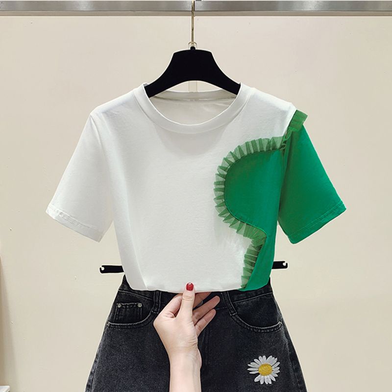 Áo Thun Tay Ngắn Cổ Tròn Dáng Rộng Màu Sắc Tương Phản Hợp Thời Trang