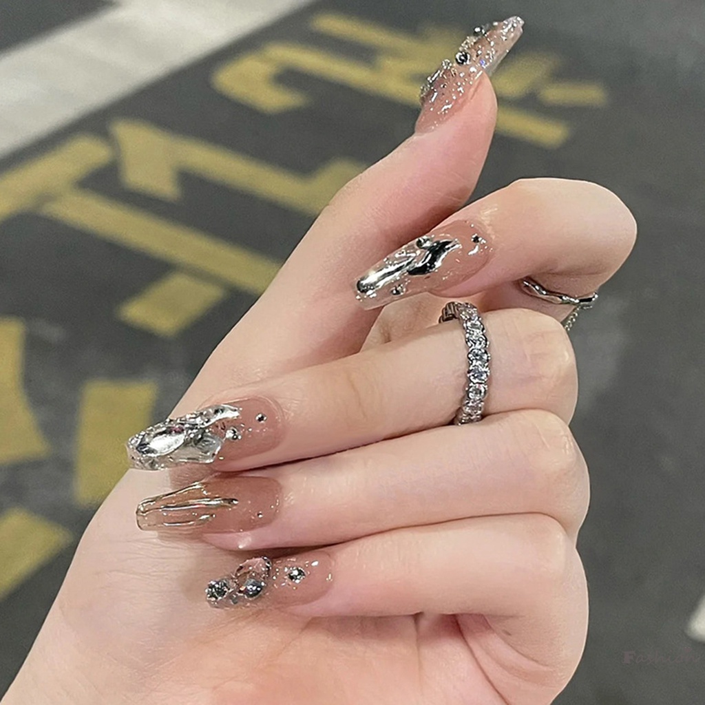 Móng Tay Giả Màu Bạc Lấp Lánh Thời Trang Cho Nữ