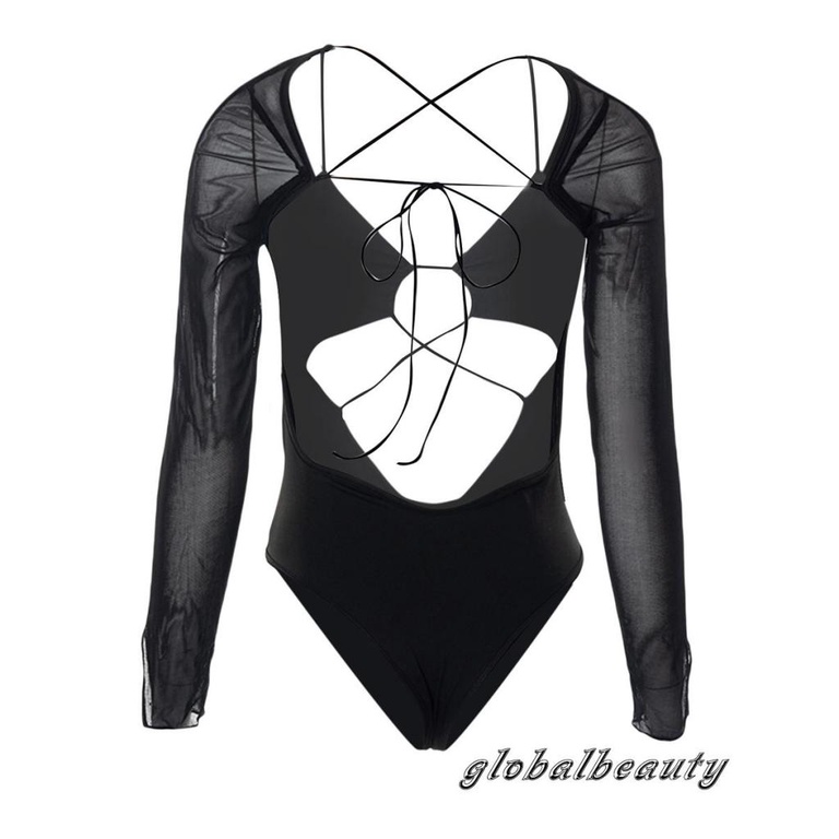 Bộ Áo Liền Quần Tay Dài Phối Lưới Rỗng Hở Lưng Màu Sắc Đơn Giản Cho Nữ