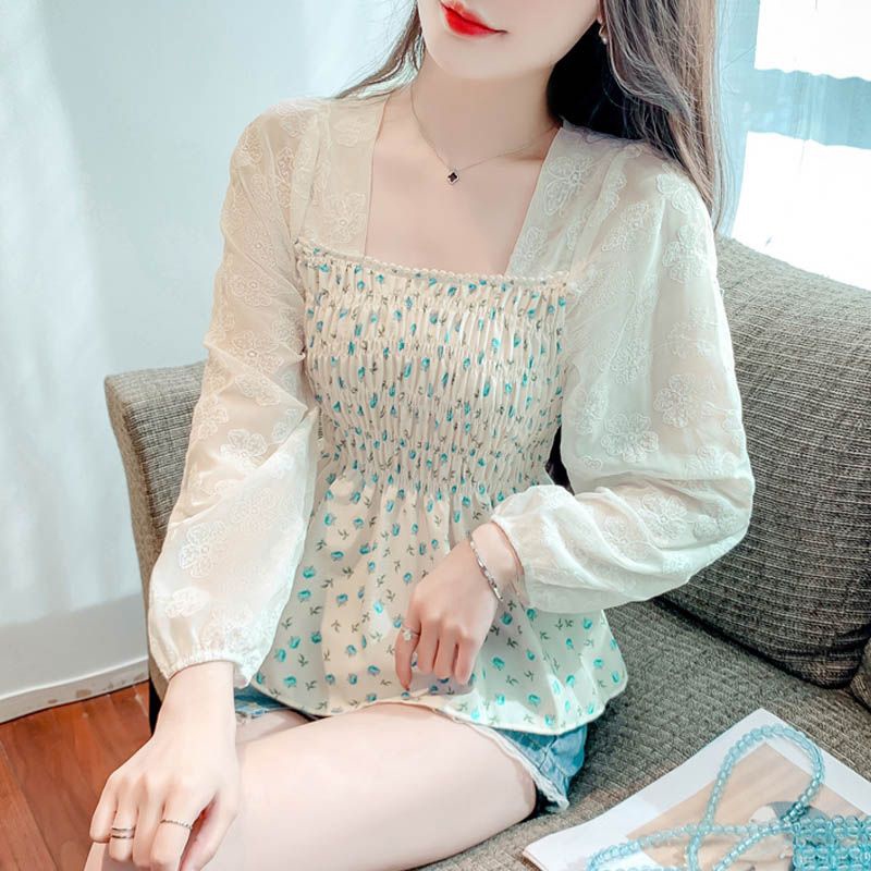 IELGY   Áo Sơ Mi Dài Tay Cổ Vuông Họa Tiết Hoa Phong Cách Pháp Thời Trang Cho Nữ