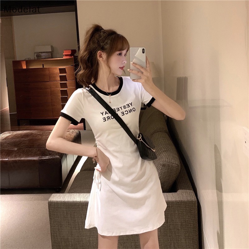 Đầm Mini Cổ Tròn In Chữ Phong Cách Hàn Quốc Thời Trang Mùa Hè Cho Nữ