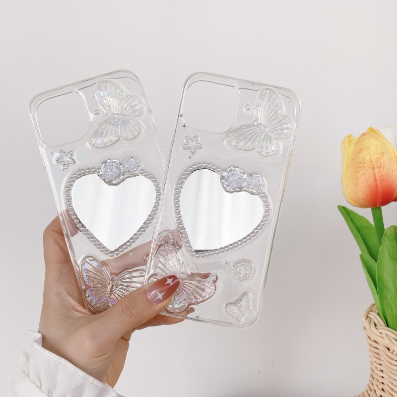 Ốp Điện Thoại Mềm Trong Suốt Chống Sốc Gắn Kèm Gương Hình Bướm / Hoa Hồng 3D Dành Cho iPhone 14 13 12 11 Pro Max 14 Plus