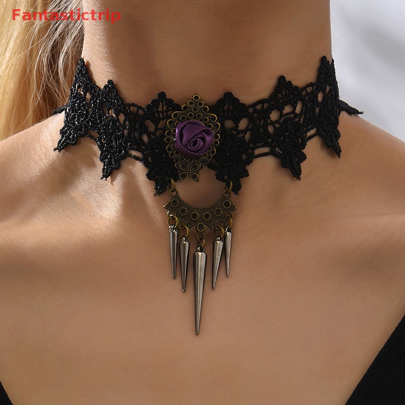 [Fantastictrip] Vòng Cổ Choker Ren Hoa Đính Đinh Tán Phong Cách Gothic Cổ Điển Quyến Rũ Cho Nữ Mới