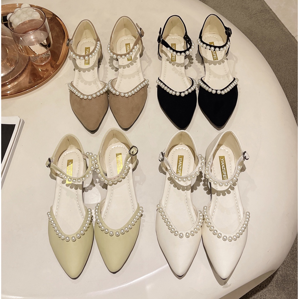 Sandal Mũi Nhọn Đế Bằng Đính Ngọc Trai Phong Cách Thời Trang Mới Dành Cho Nữ