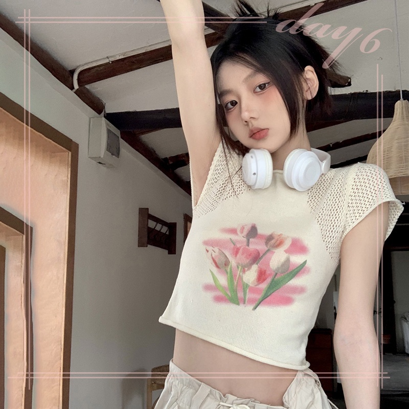 Áo Thun Dệt Kim Cổ Tròn Khoét Lỗ Đơn Giản Ngọt Ngào Cho Nữ