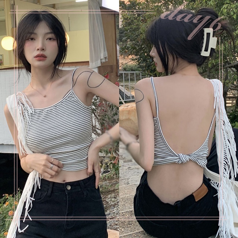 Áo Croptop Dệt Kim Sát Nách Hở Lưng Họa Tiết Kẻ Sọc Thời Trang Mùa Hè Phong Cách Hàn Quốc Cho Nữ