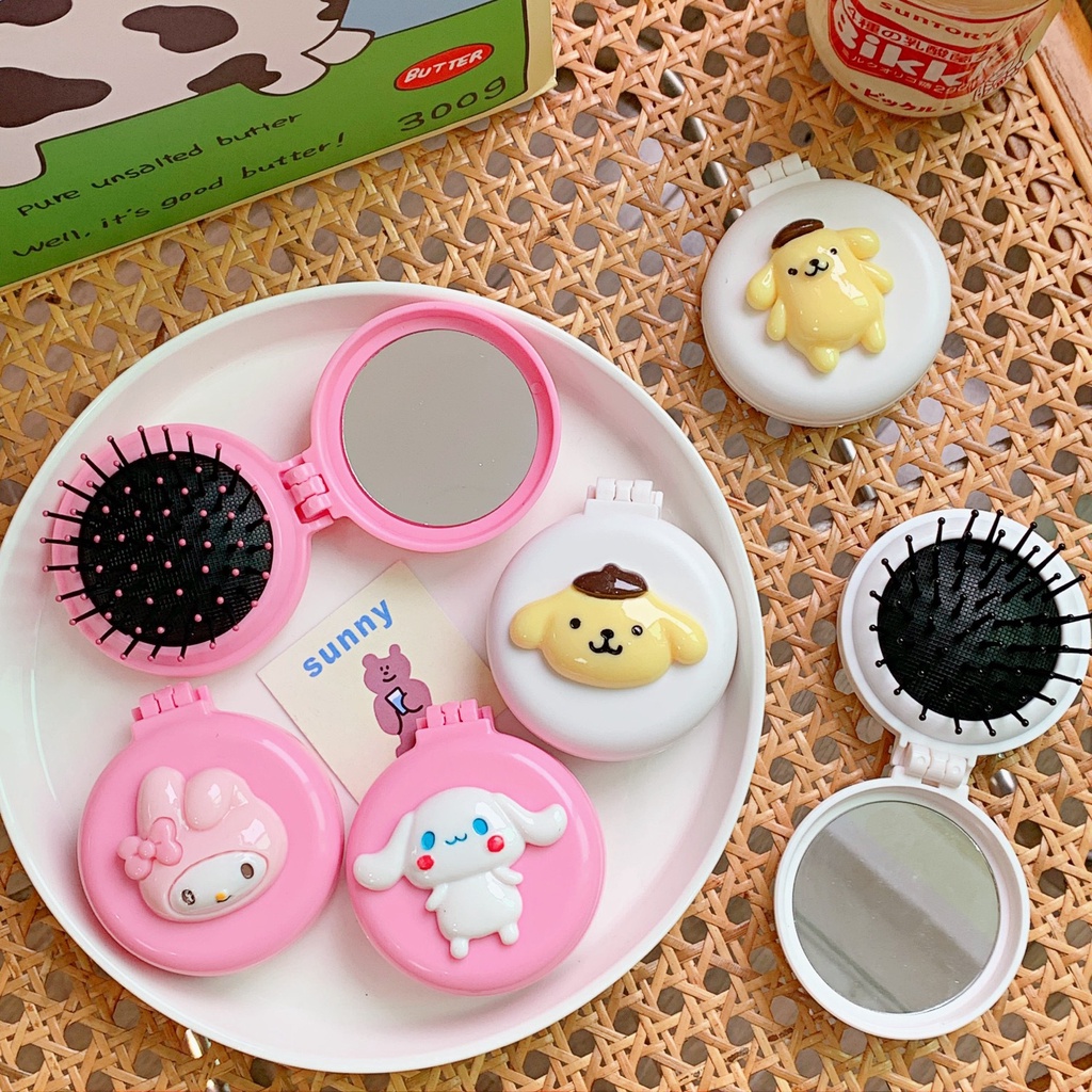 Sanrio Lược Chải Tóc Kiêm Gương Trang Điểm Dạng Lật Gấp Gọn Đa Năng Nhỏ Gọn Hình Cinnamoroll Kuromi Melody