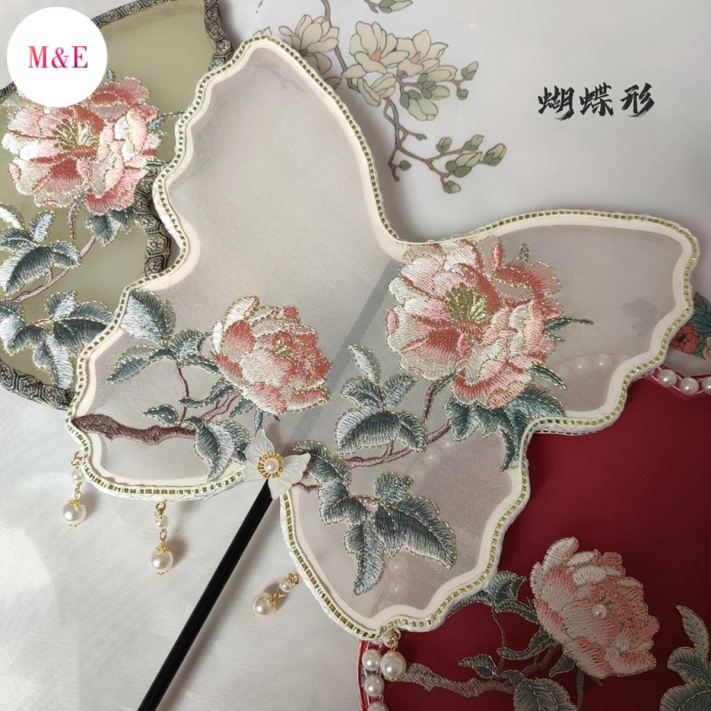 Quạt Tay Cầm Dài Hai Mặt Thêu Họa Tiết Hoa Mẫu Đơn Phong Cách Trung Quốc Cổ Điển Mới 2023