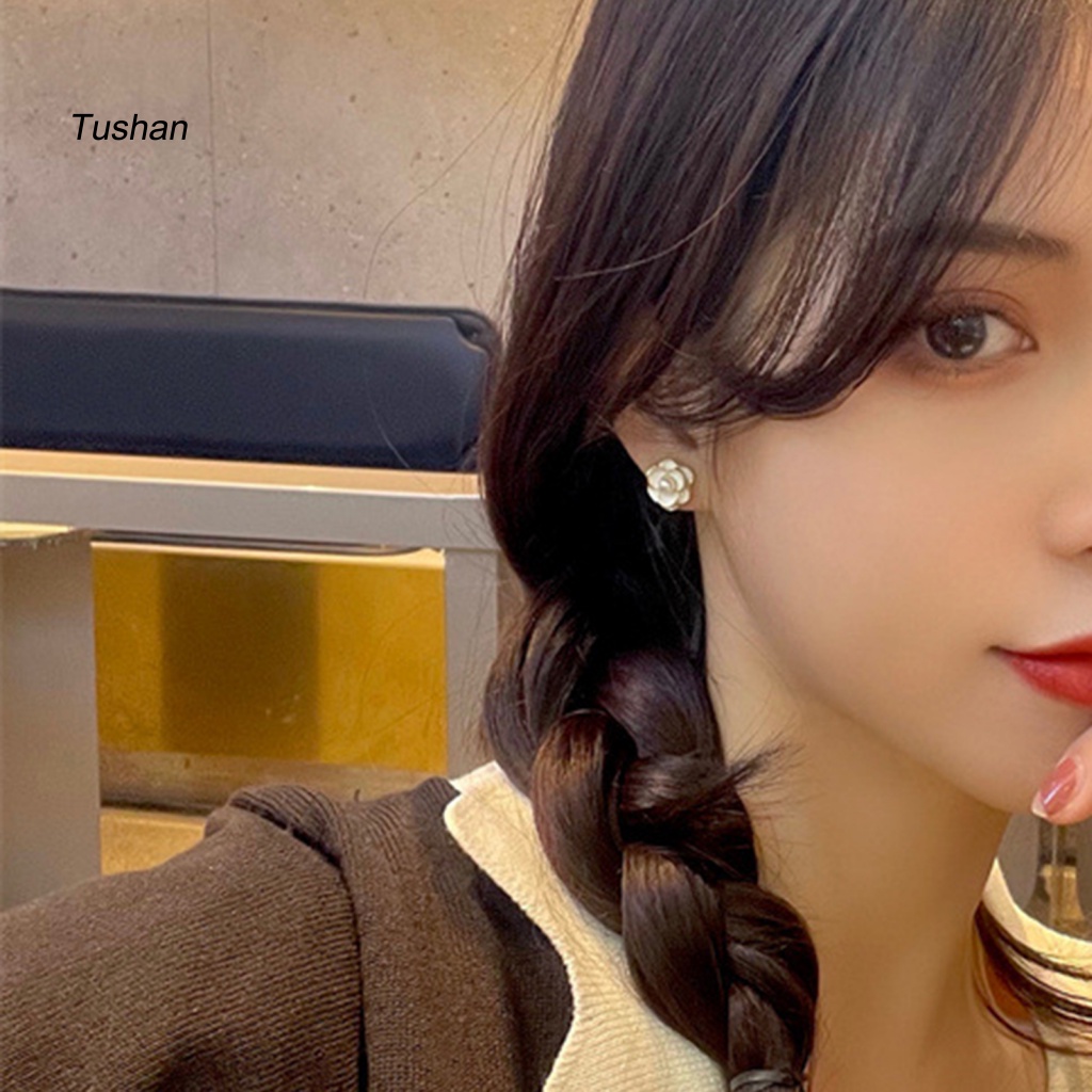 1 Đôi Bông Tai Hình Hoa Trà Đính Ngọc Trai Giả Phong Cách Hàn Quốc Dành Cho Nữ