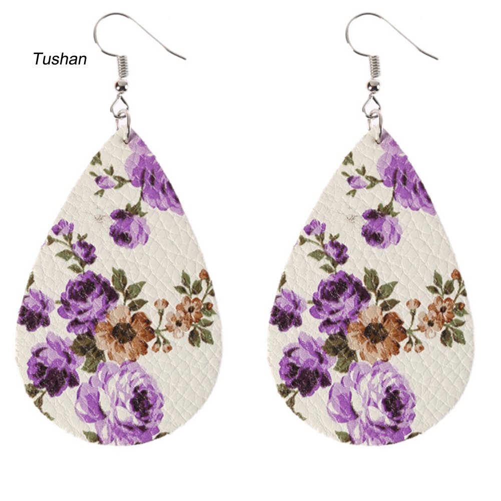 Đôi Khuyên Tai Dài Hình Giọt Nước In Hoa Chất Liệu Giả Da Thời Trang Cho Nữ