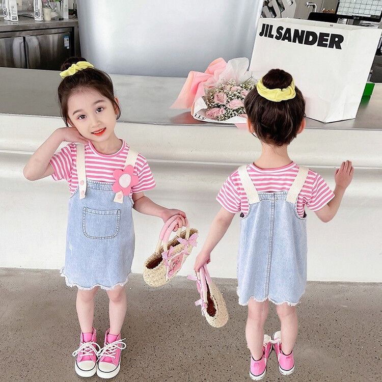Set Áo Thun + Chân Váy Yếm Denim Thiết Kế Mới Thời Trang Mùa Hè 2023 Dành Cho Bé Gái