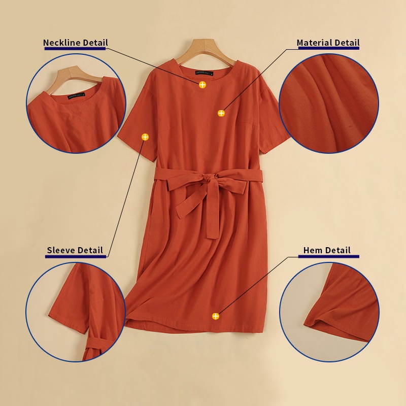 Đầm Nữ Tay Lửng Cổ Tròn Màu Trơn Phong Cách Vintage ZANZEA