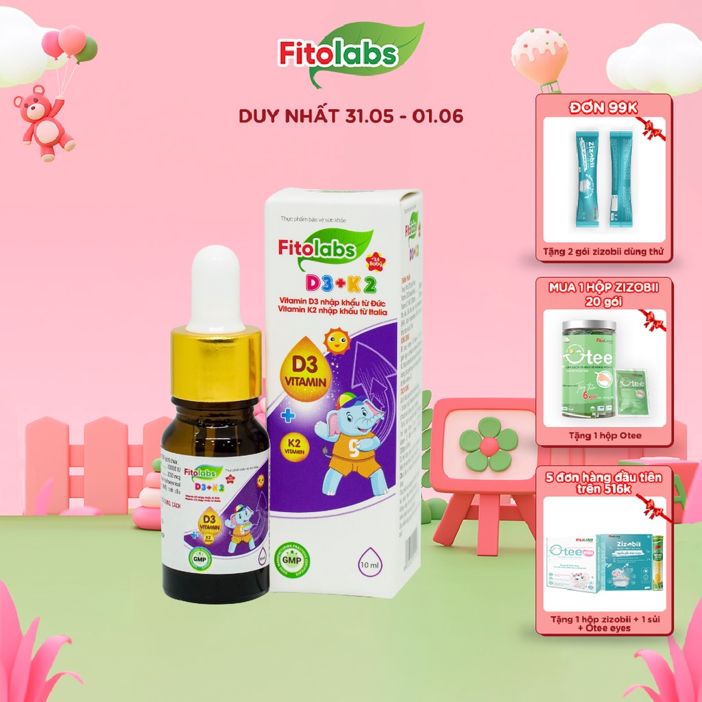 Vitamin D3K2-MK7 Fitolabs Dạng Nhỏ Giọt Dễ Dùng, Giúp Bé Tăng Chiều Cao, Xương Chắc Khỏe Lọ 10ml FITO1